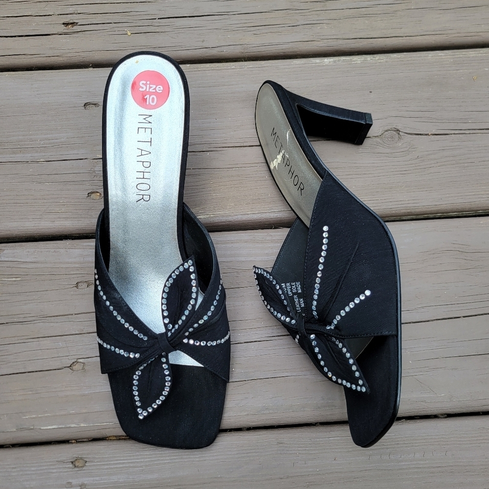 Vintage‎ 90s y2k Black Satin Fabric Bling Rhinestone Prom Formal Slide Heels 10 - Picture 2 of 10